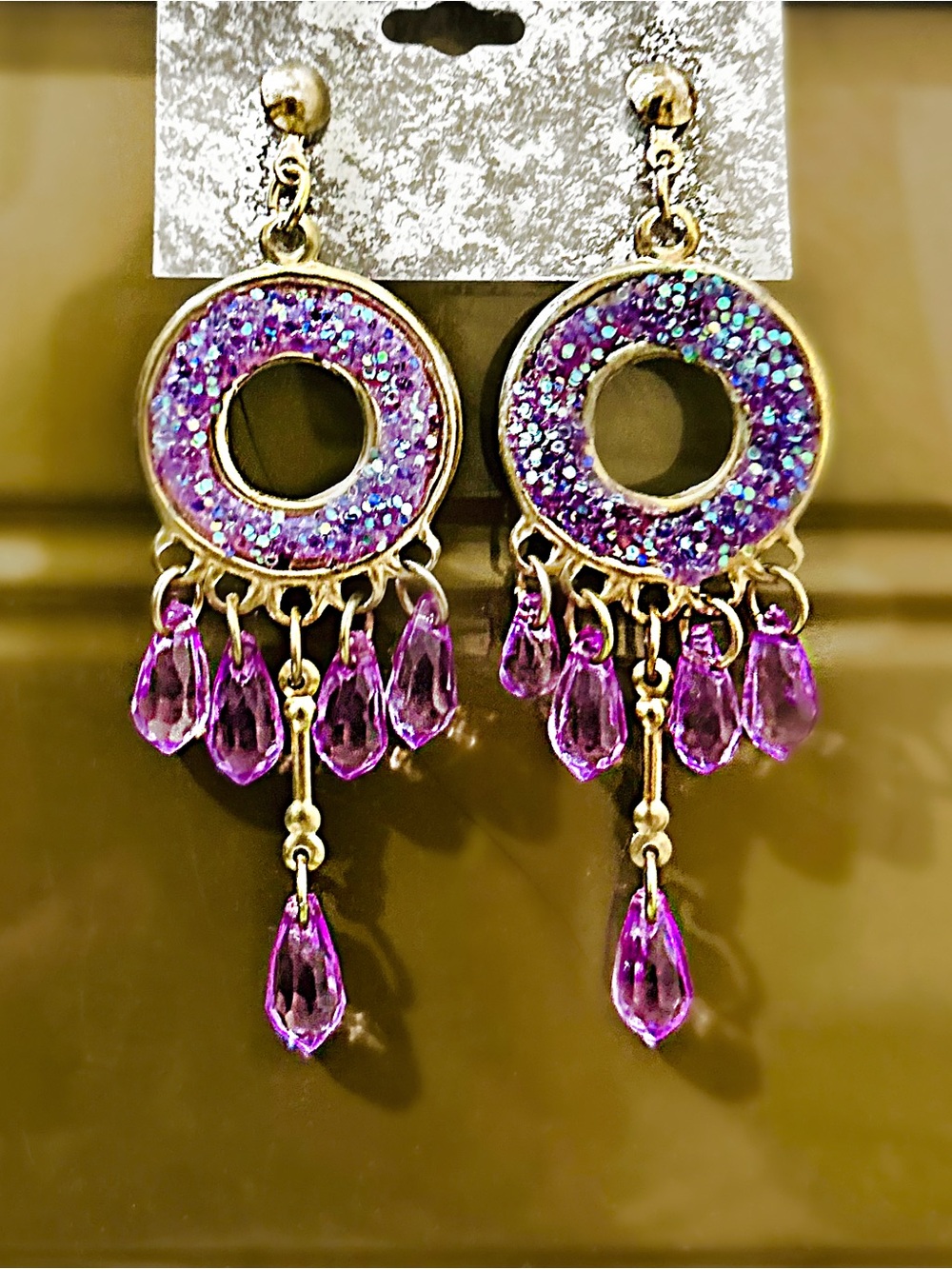 Gold-Tone Purple Crystal Hoop Dangle Earrings